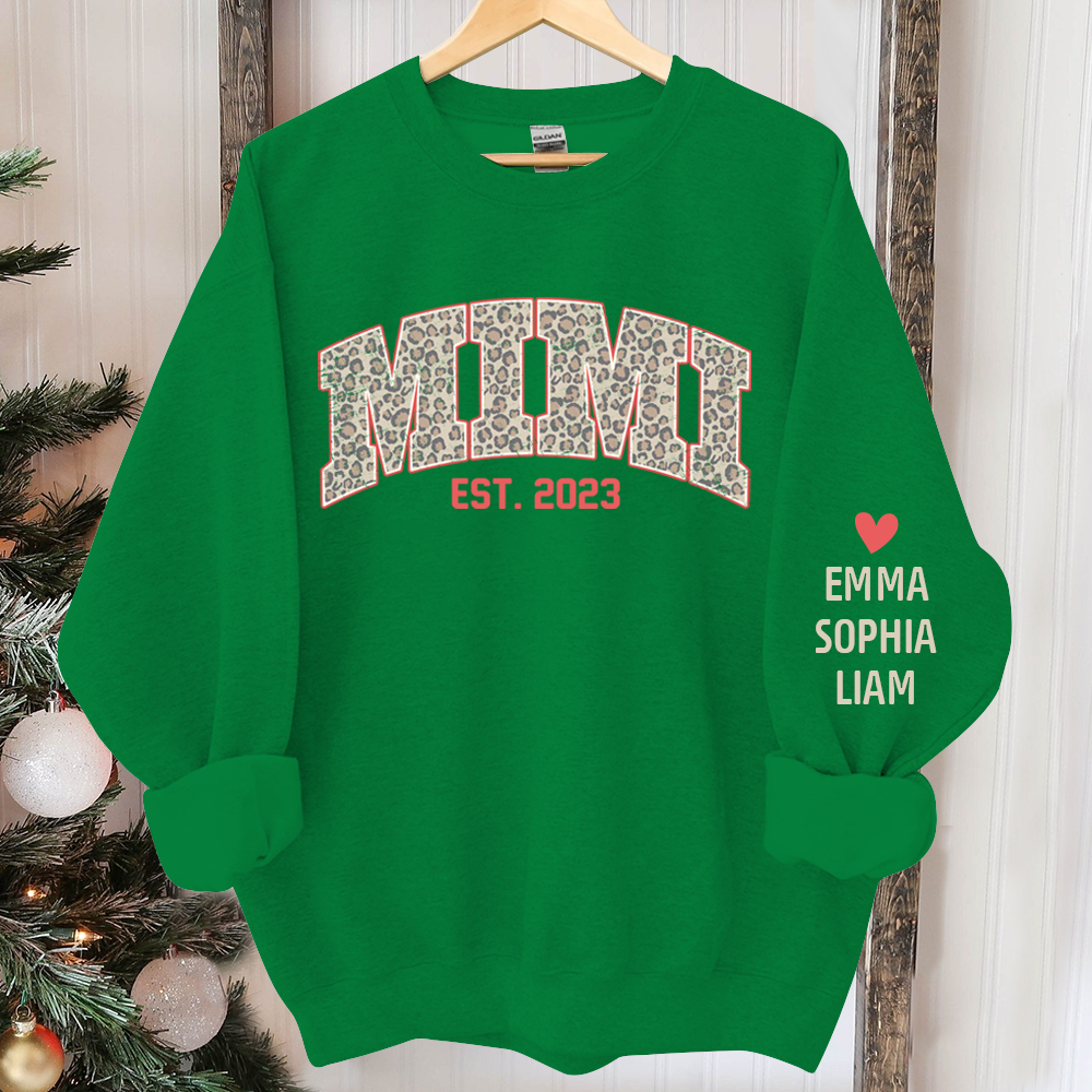 Mimi Leopard Christmas Sweatshirt, Custom Mimi Est And Kids, Grandma Gift TH Sweatshirt