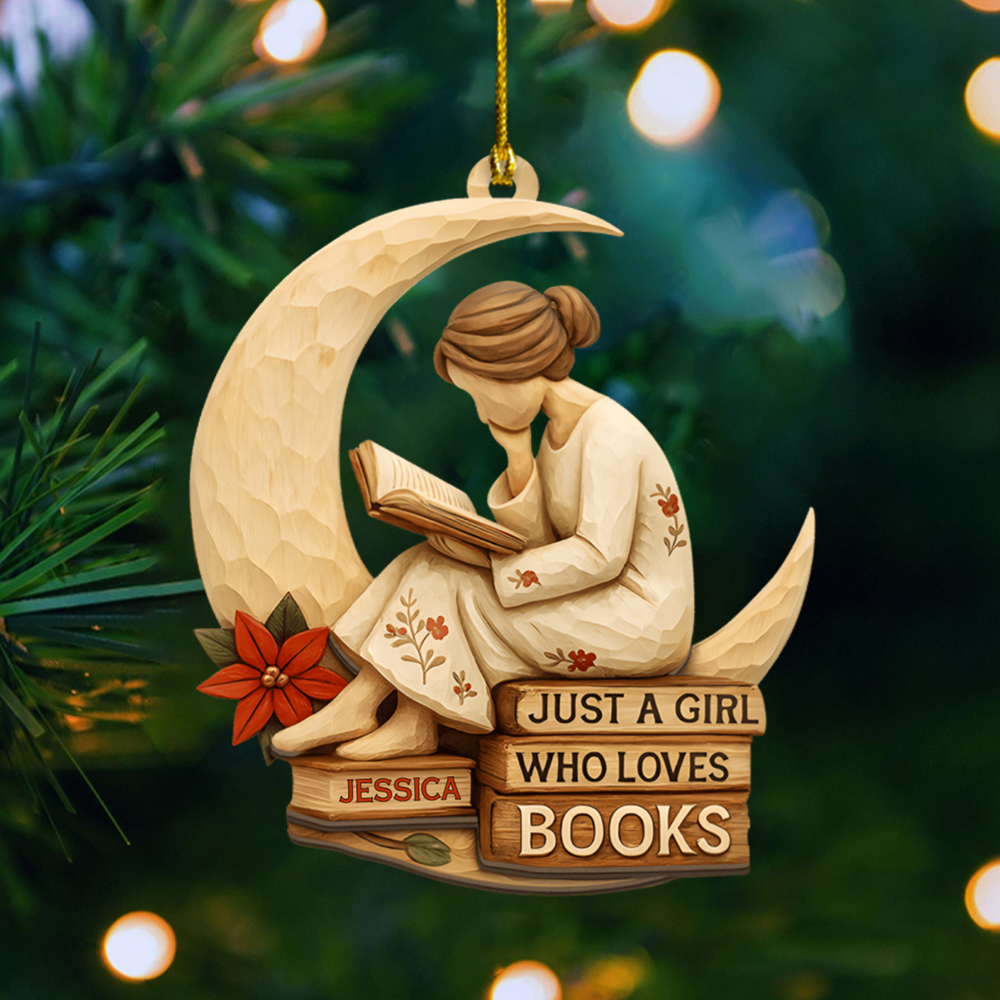 Personalized Book Lover Ornament – Custom Name Reading Girl on Moon Christmas Decoration 2025 Ornament