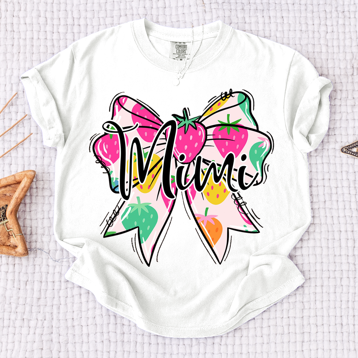 Comfort Colors® Mimi Strawberry Bow Shirt, Cute Grandma Bow Shirt for Women, Fruit Pattern Mimi Tee, Gift for Mimi And Kids
