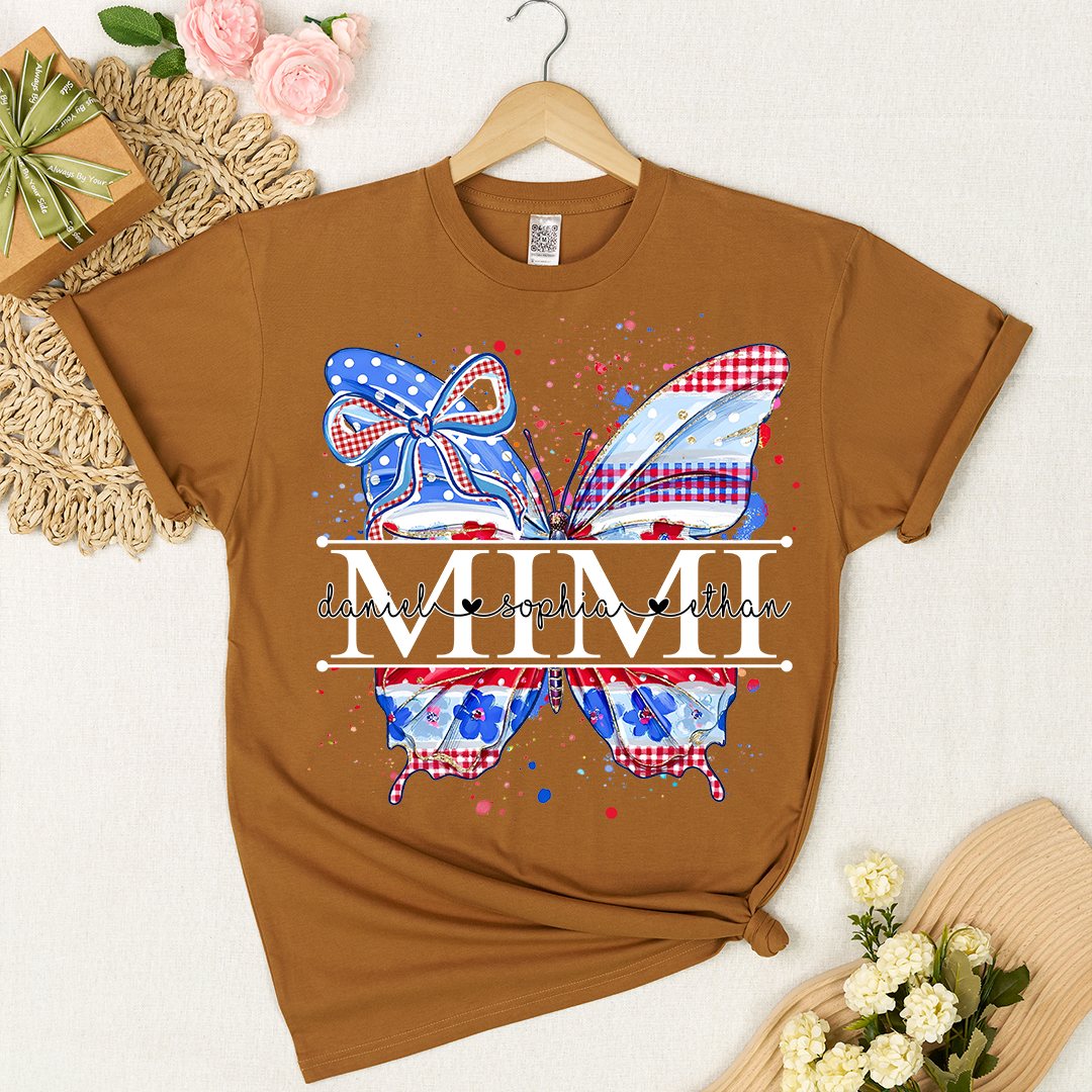 Custom Patriotic Butterfly Mimi T-Shirt, Personalized Grandma Shirt with Red White Blue USA Design