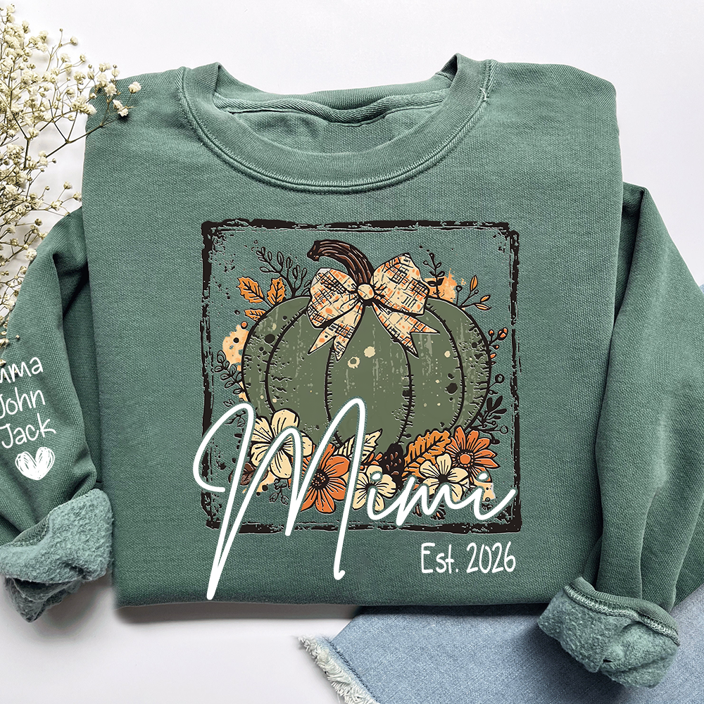 Mimi Pumpkin Shirt for Women, Floral Fall Bow Design Tee, Personalized Grandma T Shirt, Cozy Autumn Gift Idea