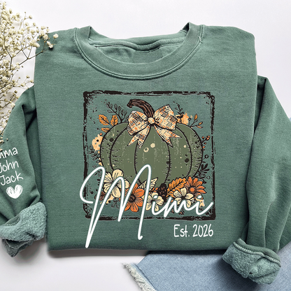 Mimi Pumpkin Shirt for Women, Floral Fall Bow Design Tee, Personalized Grandma T Shirt, Cozy Autumn Gift Idea