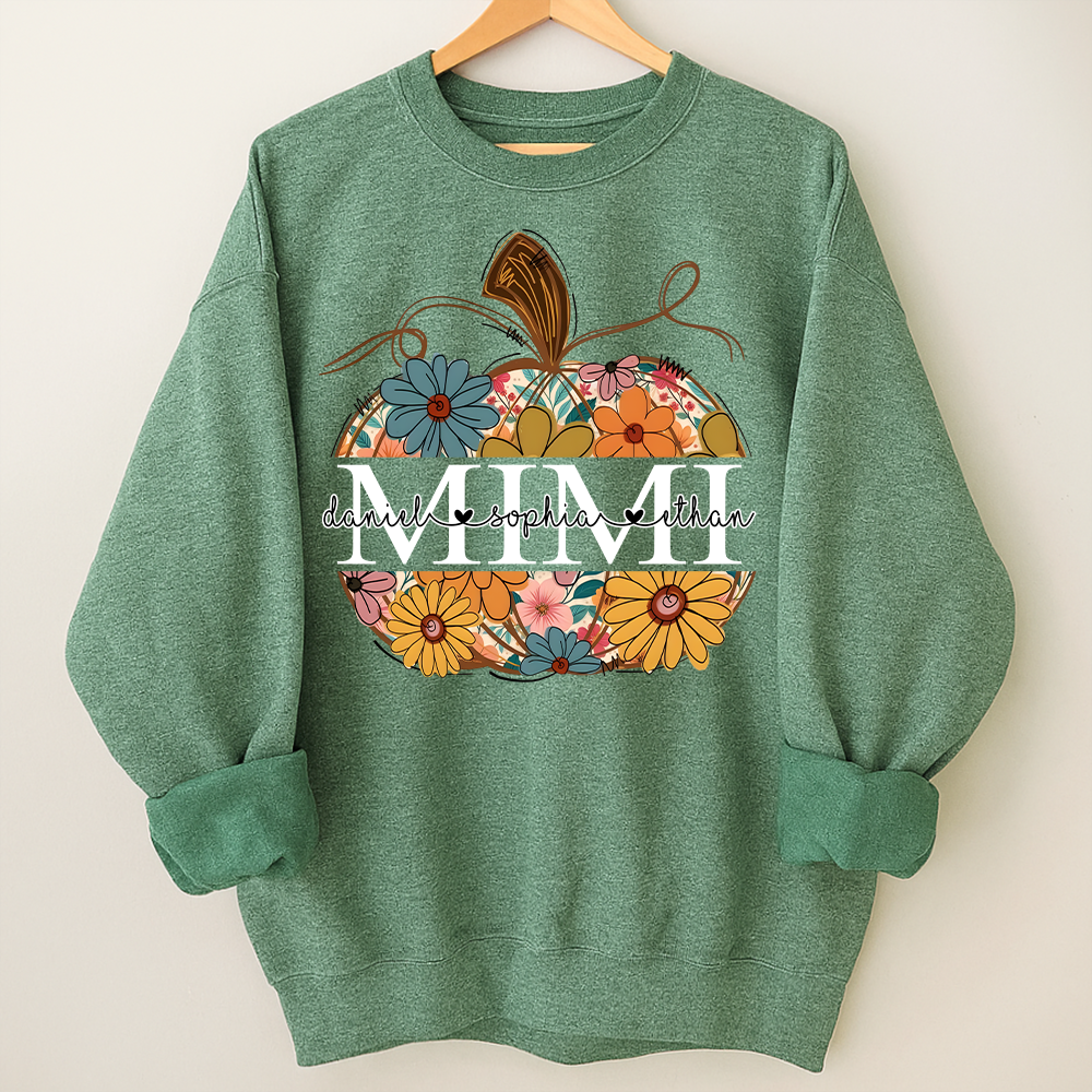 Custom Mimi Pumpkin Sweatshirt with Grandchildren Names, Personalized Floral Fall Shirt, Grandma Thanksgiving Gift