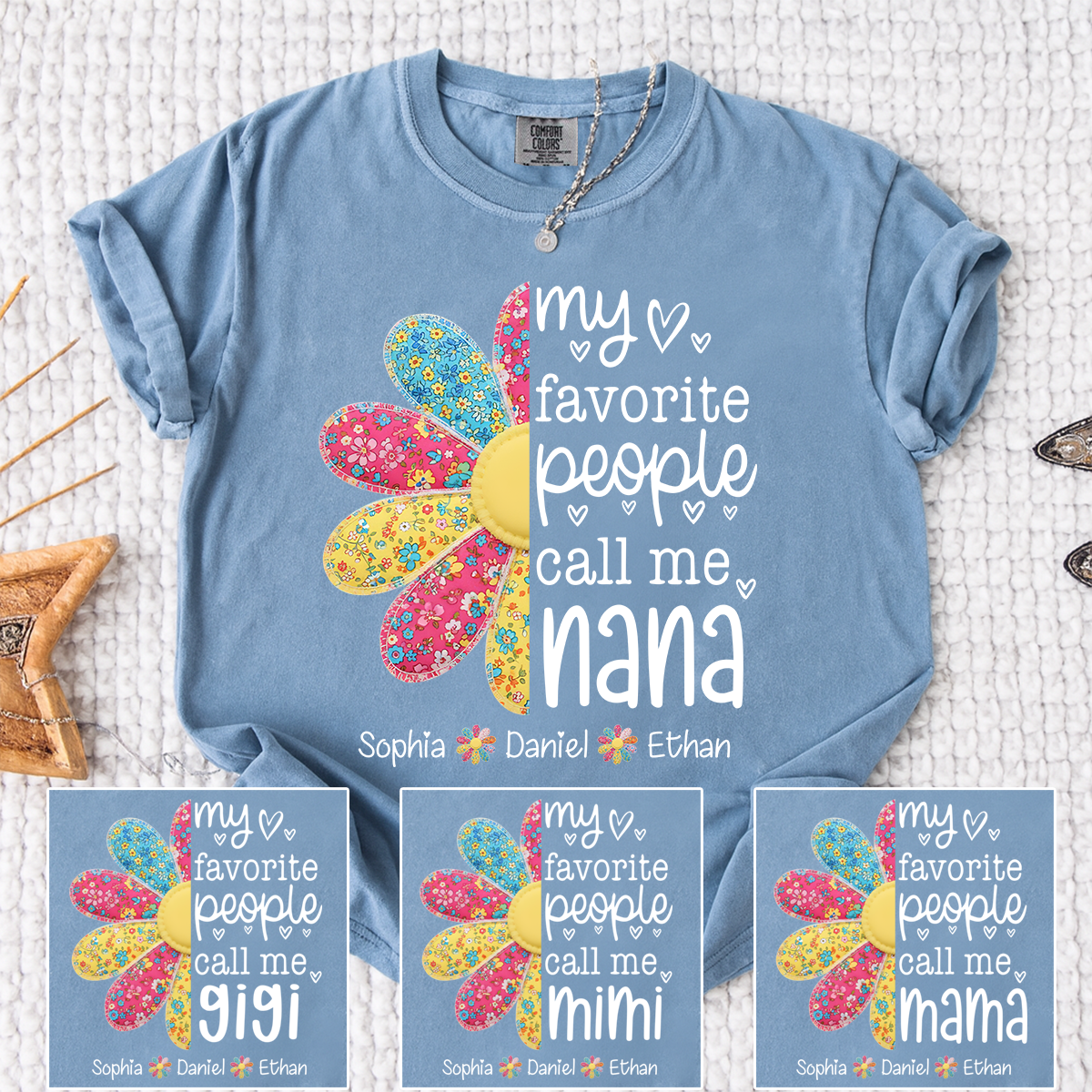Comfort Colors My Favorite People Call Me Nana Shirt, Personalized Nana T-Shirt with Custom Names and Flower Design