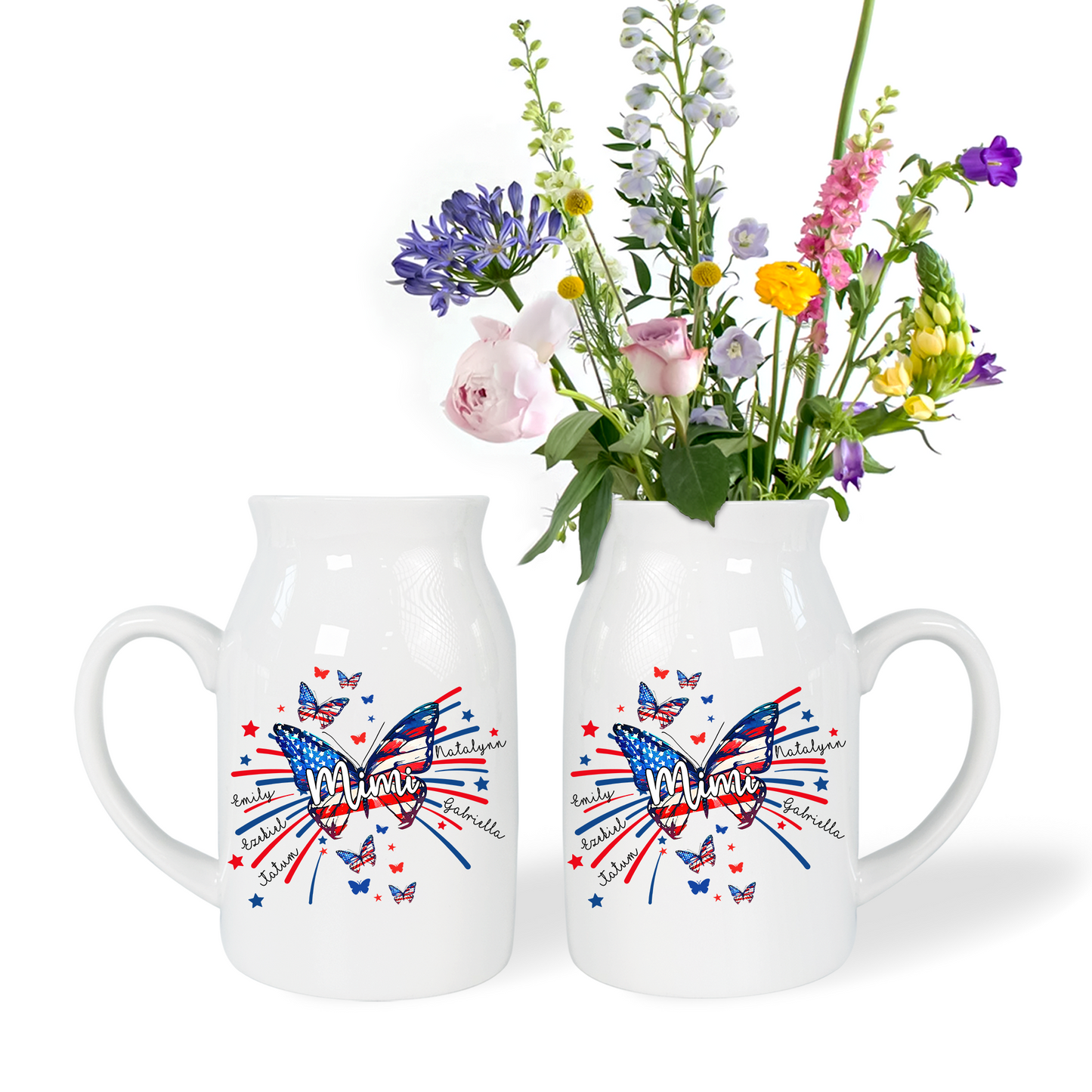 American Patriotic Grandmother Flag Stars And Kids - Custom Home Decoration Flower Vase According To Family Requirements - Warm Gift For Mother's Day, Ceramic Flower Vase