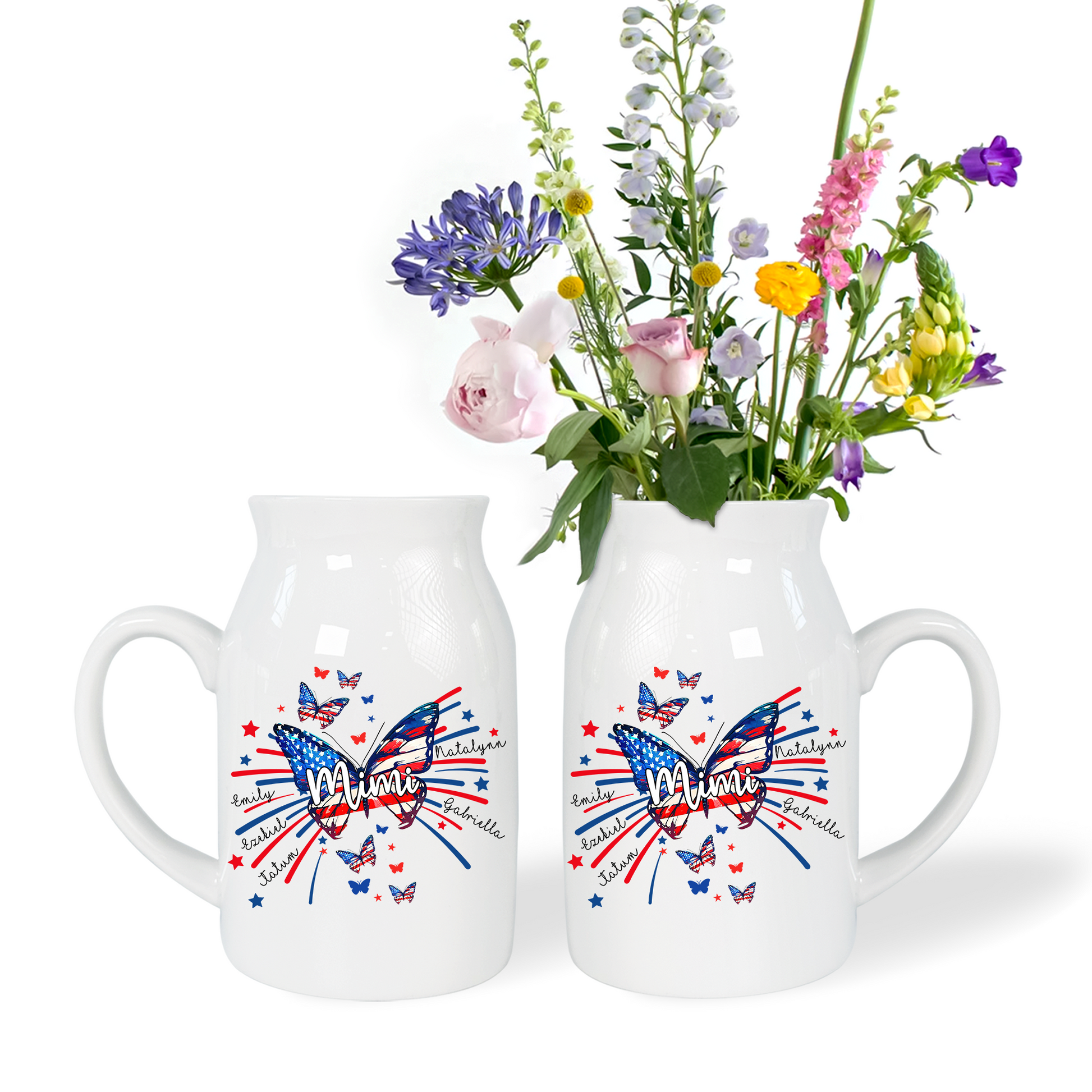 American Patriotic Grandmother Flag Stars And Kids - Custom Home Decoration Flower Vase According To Family Requirements - Warm Gift For Mother's Day, Ceramic Flower Vase
