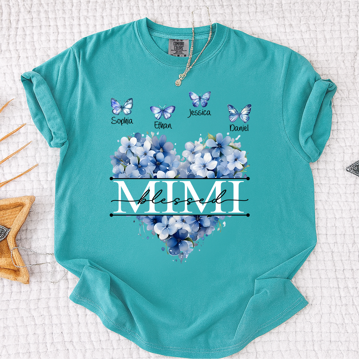 Comfort Colors Blessed Mimi T Shirt, Personalized with Kids Names, Heart Shaped Floral Design with Butterflies, Perfect for Mimi