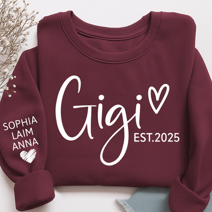 Personalized Gigi Est Heart Sweater, Gift for Grandma and Kids, Unique Gift for Grandma and Family