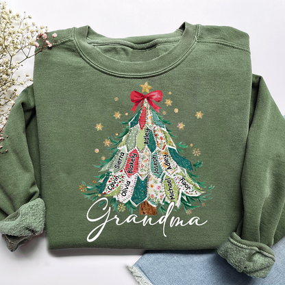 Personalized Grandma Christmas Sweatshirt, Custom Name Tree Ribbon Holiday Shirt