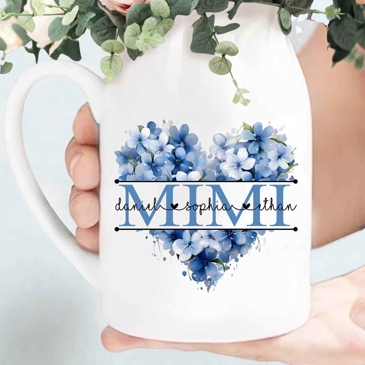 Personalized Flower Vase for Mimi, Custom Floral Heart Design with Kids' Names, Great Gift for Mimi, Mother's Day, Birthday