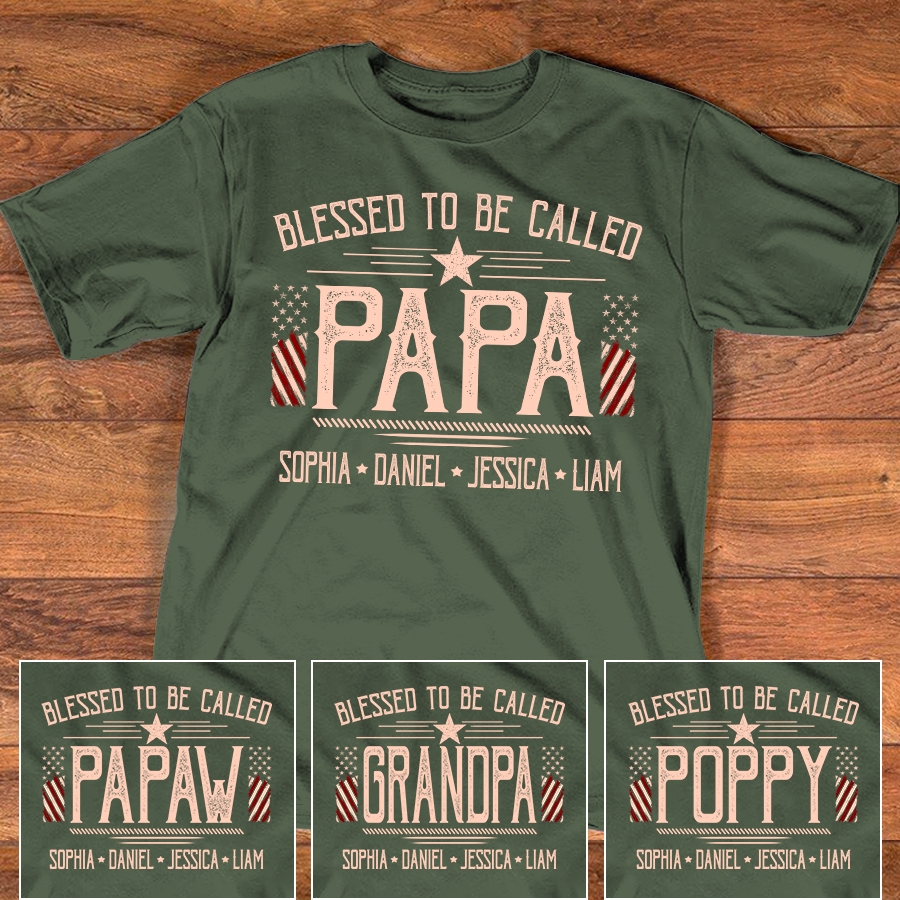Custom Papa Shirt, Blessed to Be Called Papa with American Flag, Personalized Grandkids Names