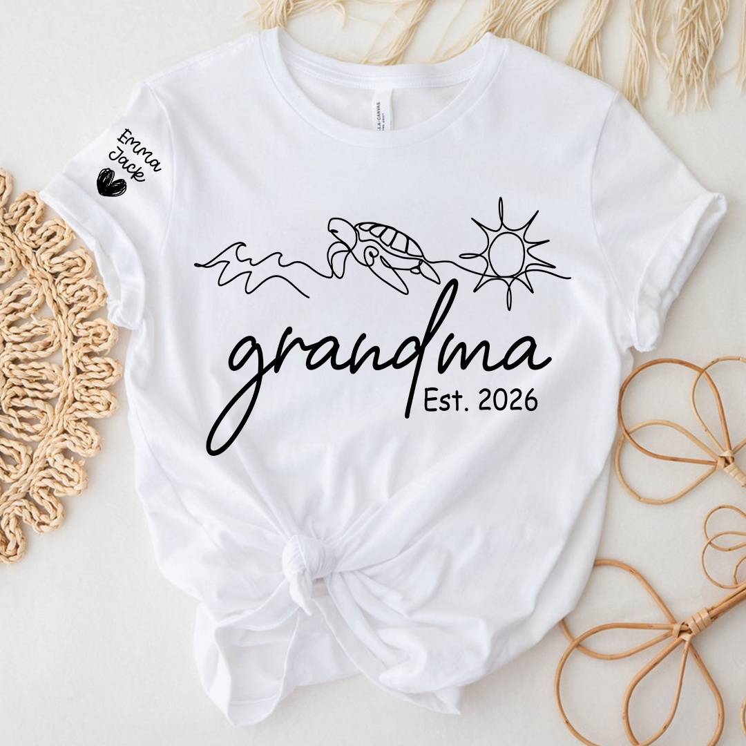 Personalized Grandma Nature Shirt, Sea Turtle Botanical Graphic Tee, Custom Sleeve Names T Shirt, Ocean Lover Gift for Grandma