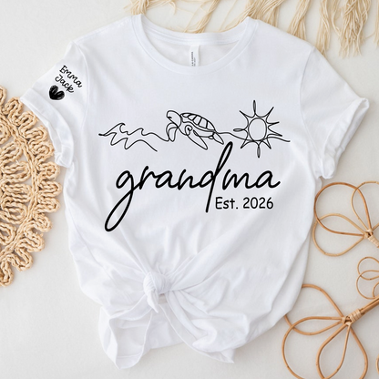Personalized Grandma Nature Shirt, Sea Turtle Botanical Graphic Tee, Custom Sleeve Names T Shirt, Ocean Lover Gift for Grandma