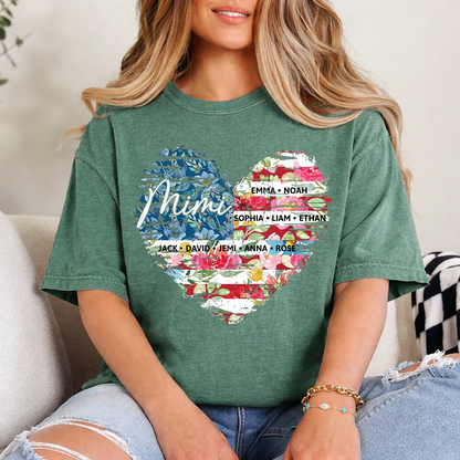 Personalized Mimi Heart Shirts With Children's Names, Family T-Shirts With Stylized Floral And American Flag Designs