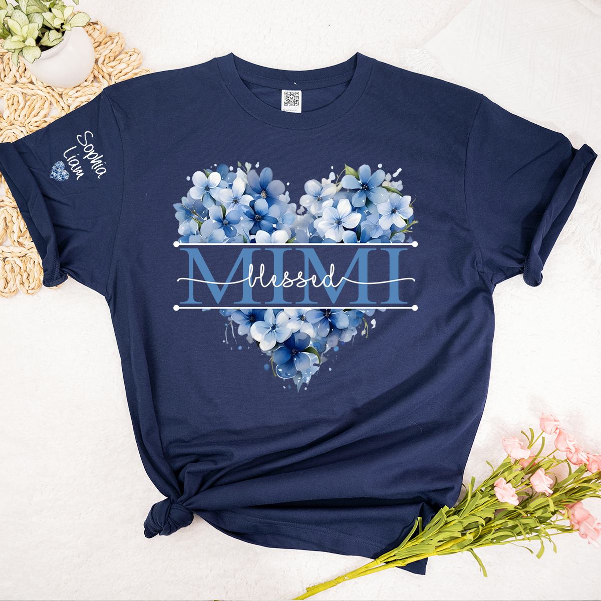 Personalized Blessed Mimi Floral Heart T Shirt, Custom Family Names with Beautiful Blue Flowers, Perfect Gift for Mimi