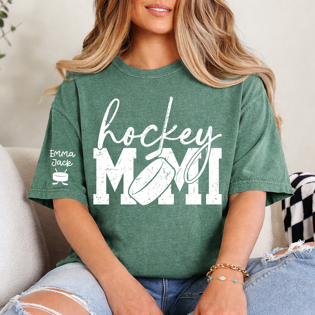 Hockey Mimi Shirt with Custom Names, Hockey Puck and Stick Design Family T Shirt