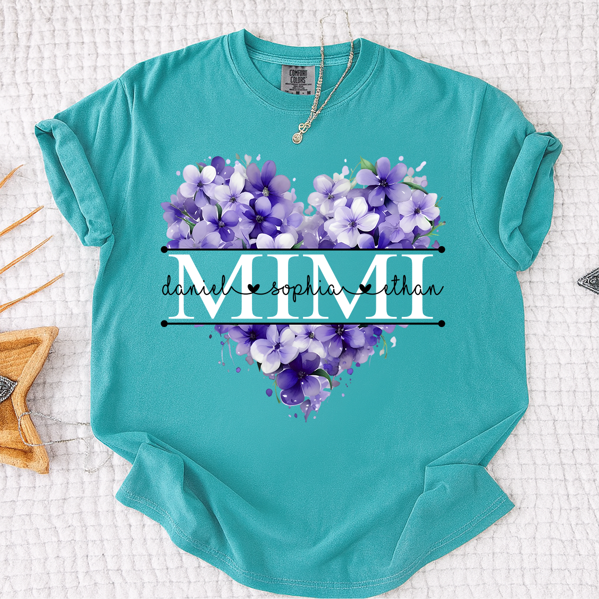 Comfort Colors Personalized MIMI T Shirt, Custom Family Names with Purple Floral Heart Design, Perfect Gift for Mimi