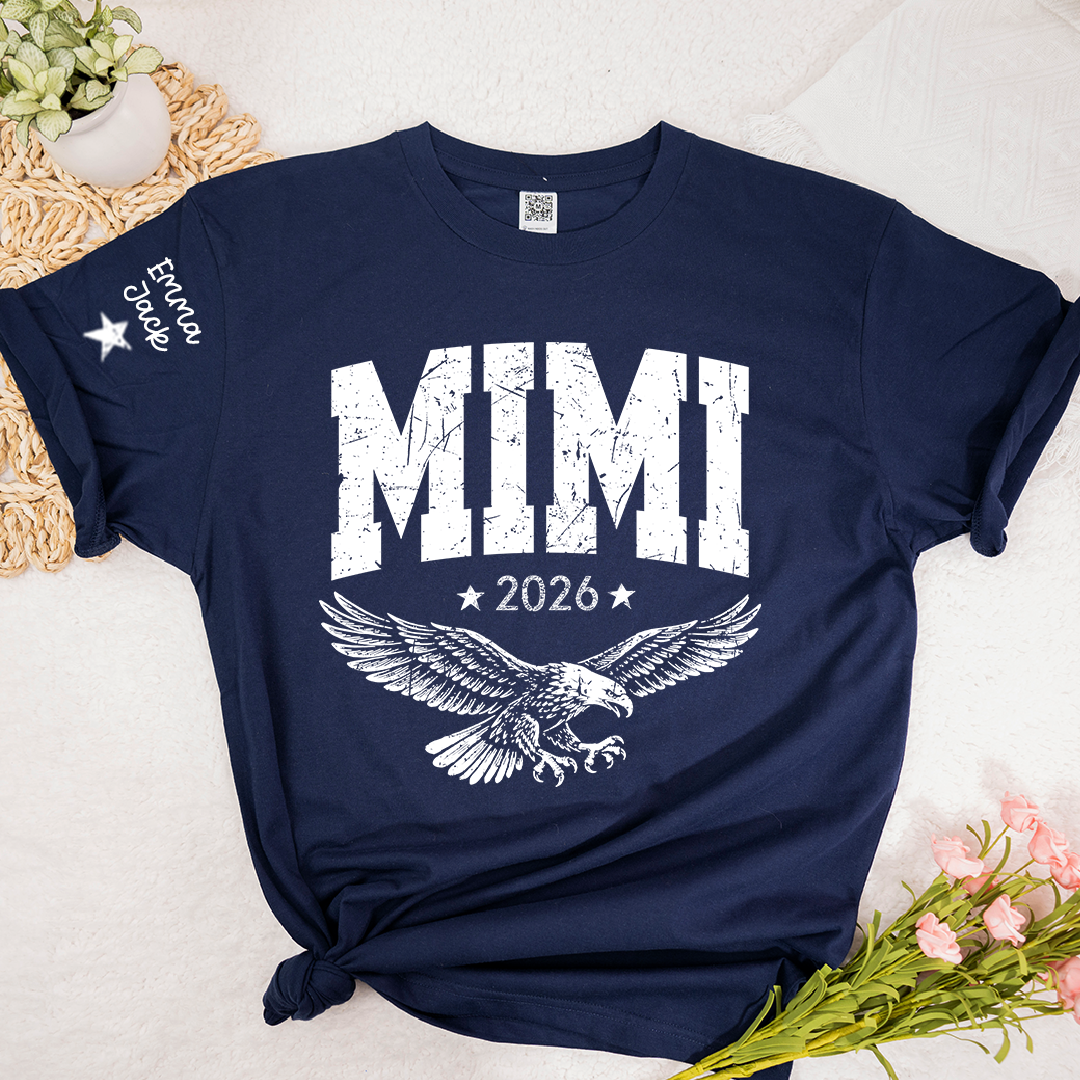 Personalized Grandma T-Shirt, Mimi Est, Custom Names On Sleeve Shirt with Eagle & Custom Names