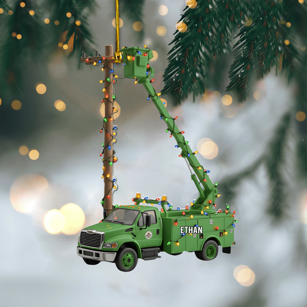 Personalized Lineman Bucket Truck Ornament 2025 – Custom Name Christmas Ornament, Electric Utility Worker Gift Ornament