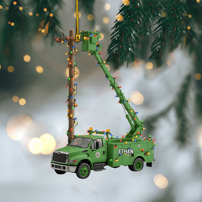 Personalized Lineman Bucket Truck Ornament 2025 – Custom Name Christmas Ornament, Electric Utility Worker Gift Ornament