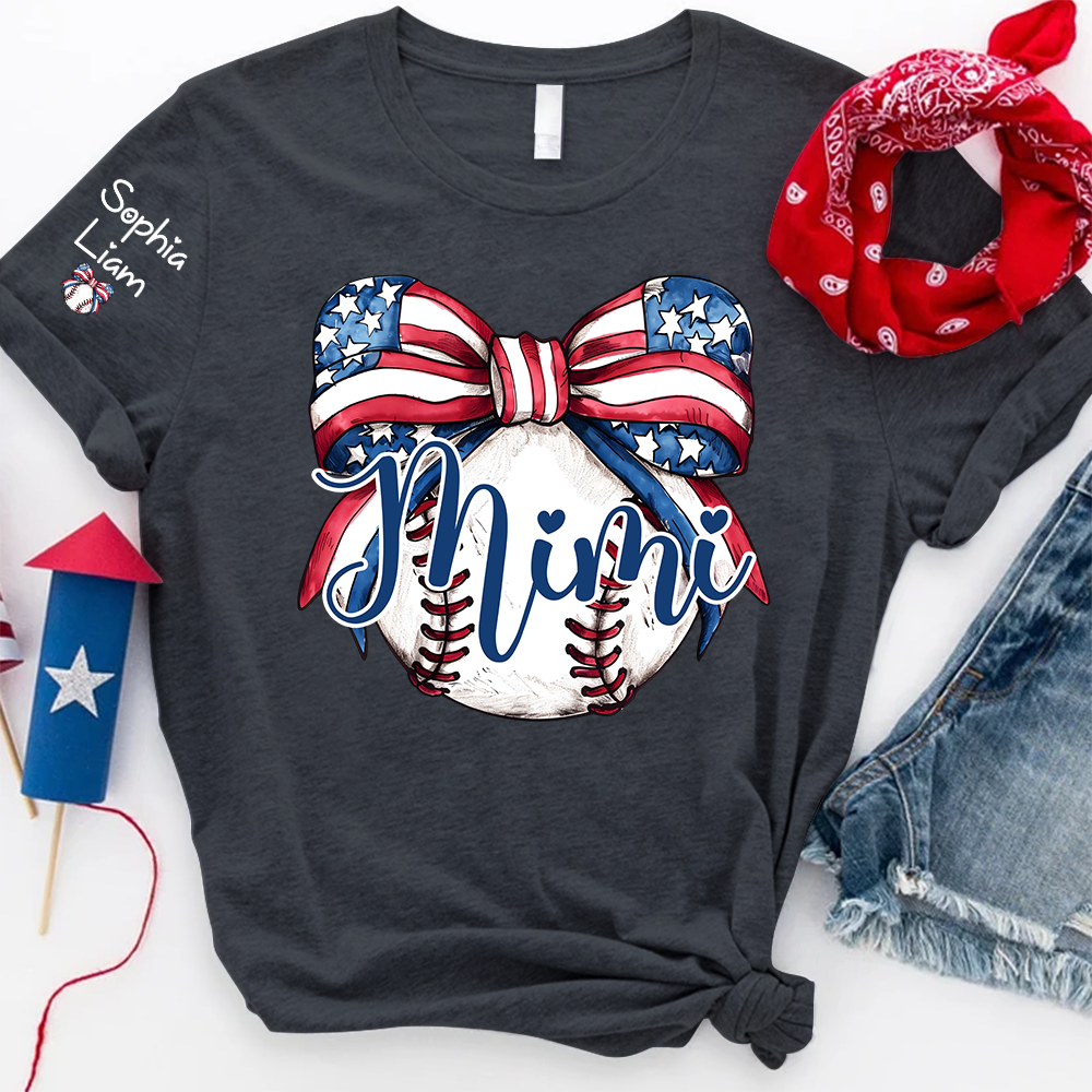 Personalized Mimi Baseball Shirt, Custom Grandma Baseball Bow T Shirt with Kids Names, Patriotic Family Gift for 4th of July