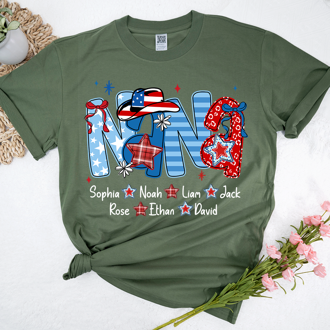 Custom Nana 4th July Independence Day American Flag T-Shirt For Grandma, Personalized Gift For Grandma And Kids