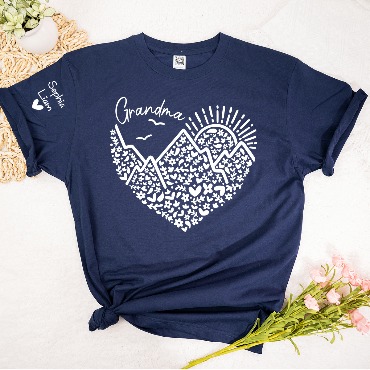 Personalized Grandma Mountain Heart Shirt, Custom Grandma T Shirt with Kids Names on Sleeve, Floral Family Gift for Women