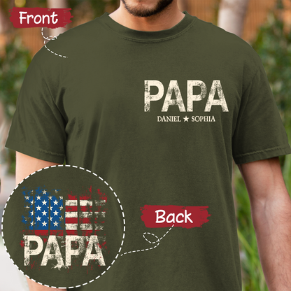 Personalized Grandpa Papa Shirt American Flag Print, Custom Family Names Gift for Father’s Day