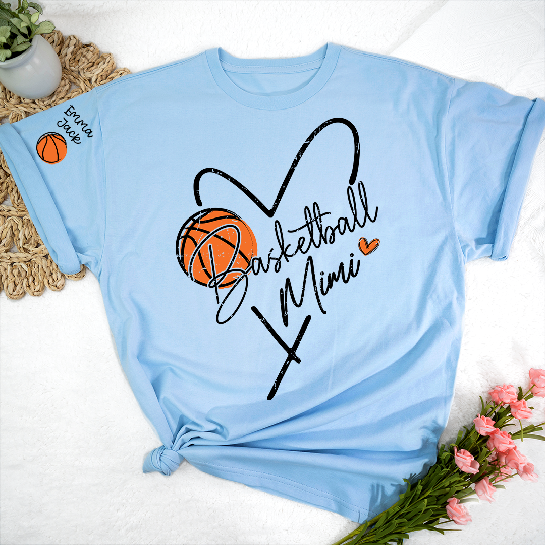 Personalized Mimi Heart Basketball T Shirt, Custom Names with Basketball and Heart Design, Give Family
