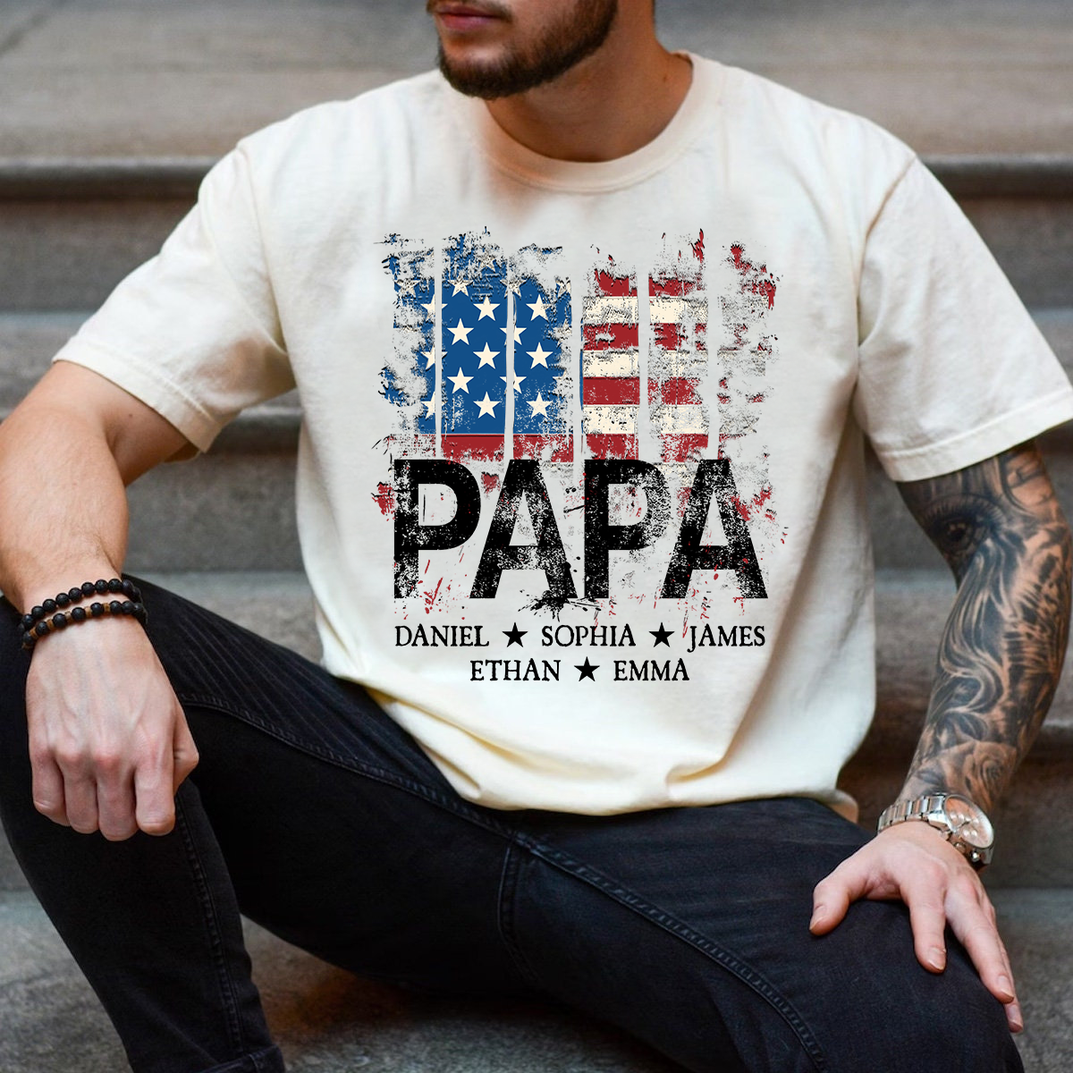 Custom Papa Shirt with Distressed USA Flag – Personalized Father Gift Featuring Grandkids or Kids Names