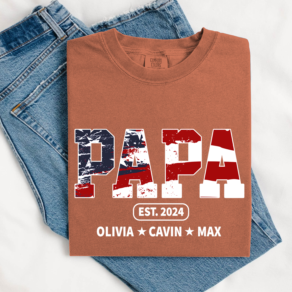 Comfort Colors® Papa Est Independence Day Shirt, Custom Nickname And Grandkids 4th Of July Shirt