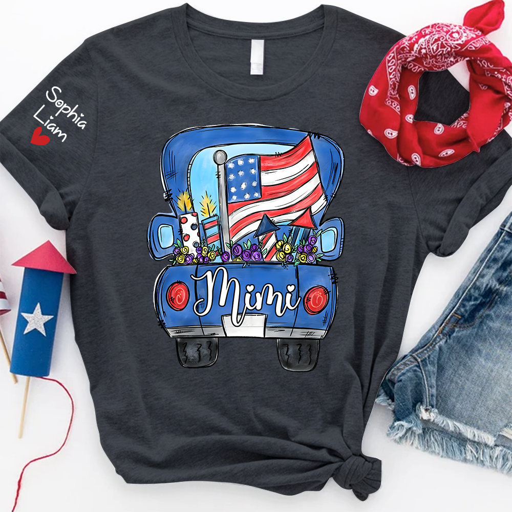 Mimi Shirt with Custom Names, Patriotic Pickup Truck Fireworks Graphic, Independence Day Family Matching Outfit