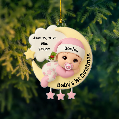 Personalized Baby’s First Christmas Ornament 2025 – Custom Name, Birth Stats & Newborn Moon Design Keepsake for New Parents Ornament