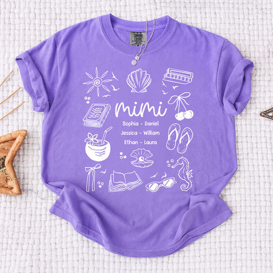 Comfort Colors Personalized Mimi Shirt with Grandkids Names, Custom Coastal Summer Tee, Beach Inspired Family Gift for Grandma and Mimi