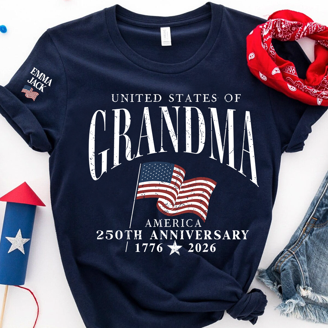 America's Semiquincentennial T-Shirt, Personalized For Gift Grandma with Kid Names