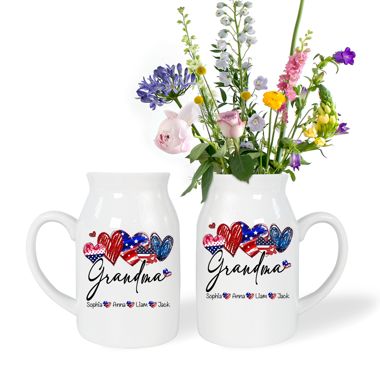 Heart Flag Grandma And Kids - Custom Home Decoration Flower Vase According To Family Requirements - Warm Gift For Mother's Day, Ceramic Flower Vase