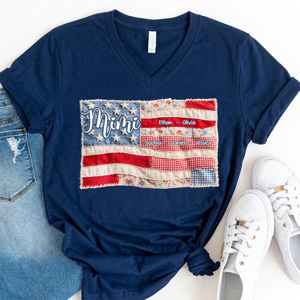 Custom Mimi Shirt for Grandmother Personalized with Kids' Names, American Flag Patchwork Design V-Neck