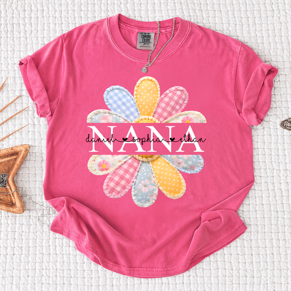 Comfort Colors Personalized Nana Shirt with Colorful Patchwork Daisy – Custom Grandma Gift with Grandkids  Names