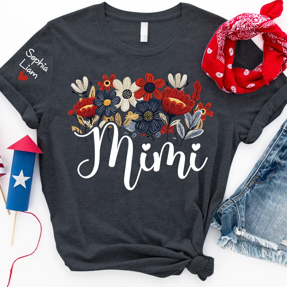 Personalized Grandma Mimi Shirt with Floral Design and Sleeve Names, 4th of July Shirt