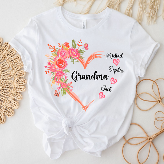 Personalized Grandma Floral Heart Shirt with Grandkids Names, Family Love T Shirt Gift