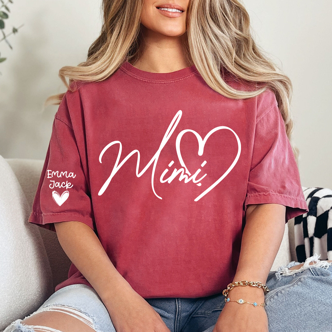 Personalized Family Mimi T Shirt with Custom Names, Simple Script Heart Design