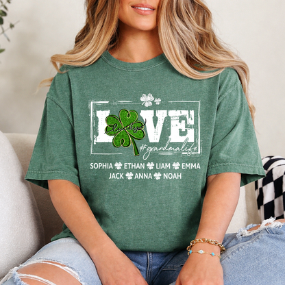 Grandma St Patrick’s Day Shirt, LOVE Shamrock Grandmalife Personalized Family T Shirt