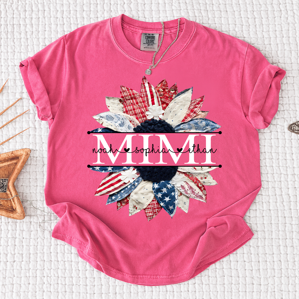 Comfort Colors Mimi Patchwork Floral Shirt with Custom Grandkids Names, Personalized Family Tee