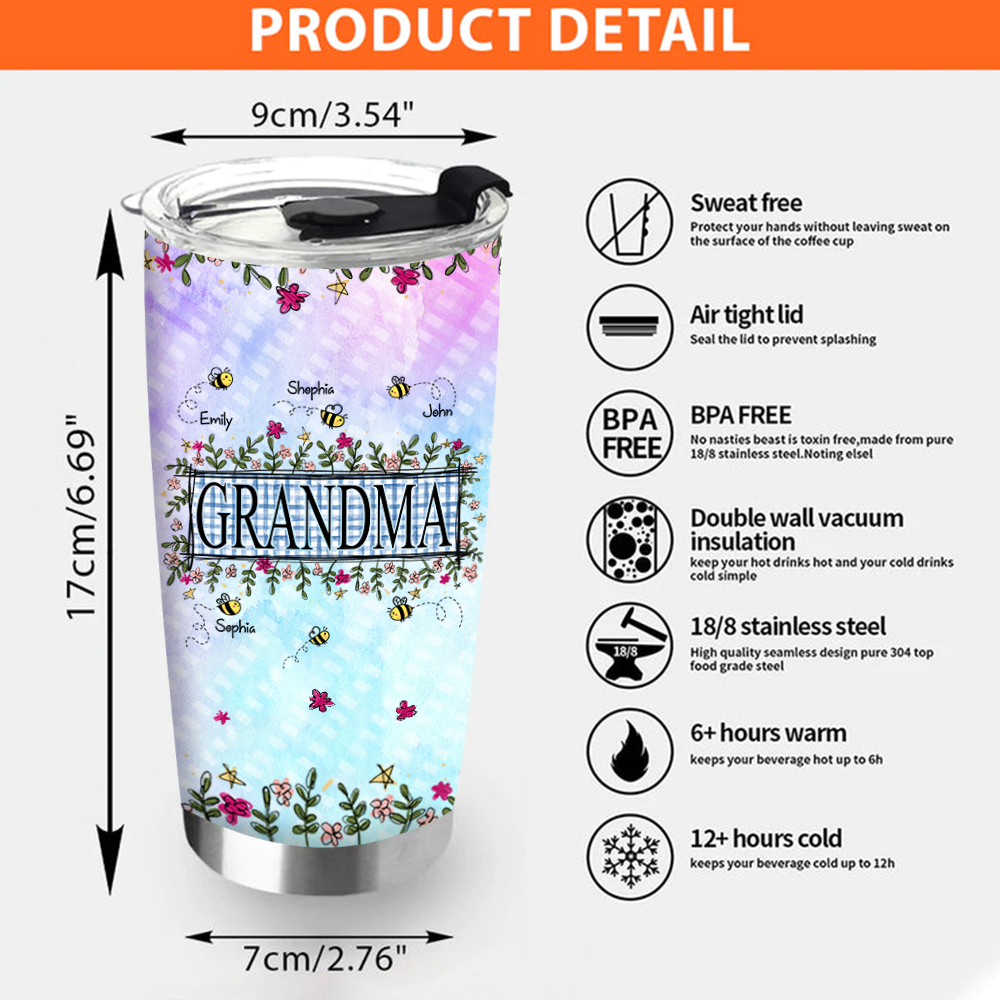 Personalized Water Cups, Custom Flower Grandma And The Kids Bee. Portable Water Cup With Lid