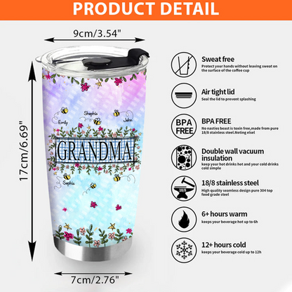 Personalized Water Cups, Custom Flower Grandma And The Kids Bee. Portable Water Cup With Lid
