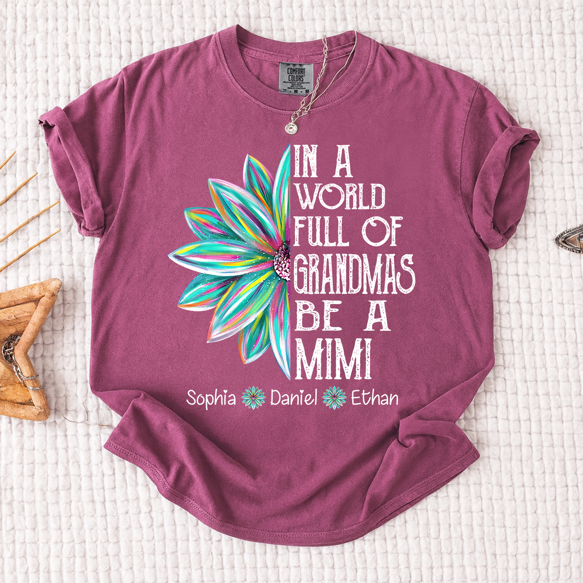 Comfort Colors In A World Full Of Grandmas Be A Mimi Shirt, Personalized Mimi T Shirt with Grandkids Names, Custom Grandma Gift Tee