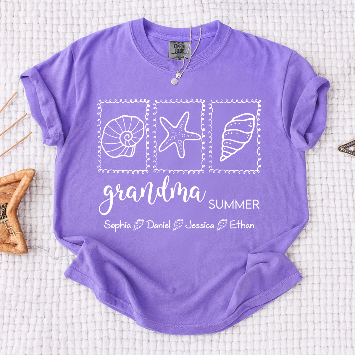 Comfort Colors Personalized Grandma Summer Shirt, Custom Grandkids Names Beach T-Shirt, Seashell Starfish Ocean Vacation Gift for Grandma