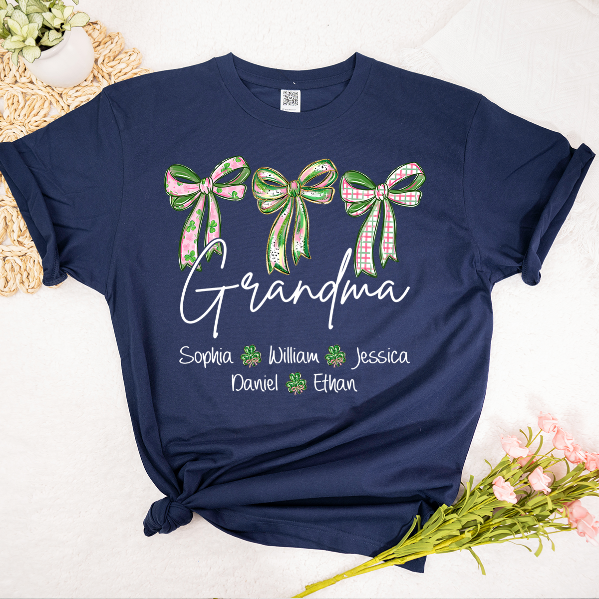 Lucky Grandma Personalized Shirt, Shamrock and Bow St Patrick Day Theme, Custom Names Family Shirt for Grandma
