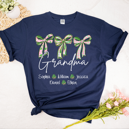 Lucky Grandma Personalized Shirt, Shamrock and Bow St Patrick Day Theme, Custom Names Family Shirt for Grandma