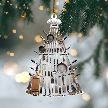 Personalized Chef Ornament 2025 – Custom Name Kitchen Utensil Tree Christmas Decoration for Cooks and Food Lovers Ornament